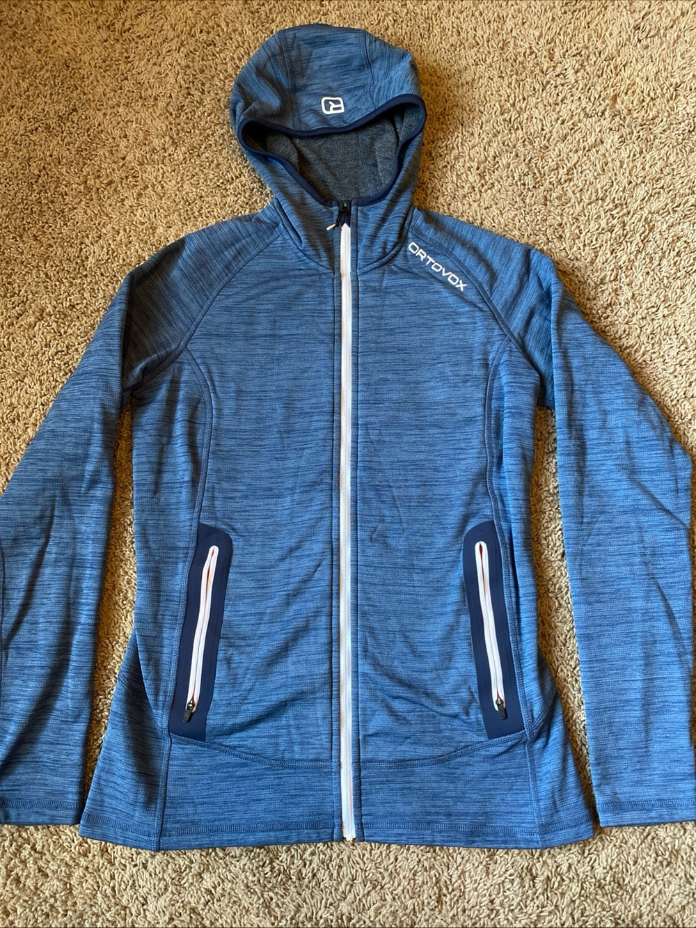 Ortovox Merino Wool Blend Fleece Hoodie Womens M Blue Jacket Hiking Ski Full Zip